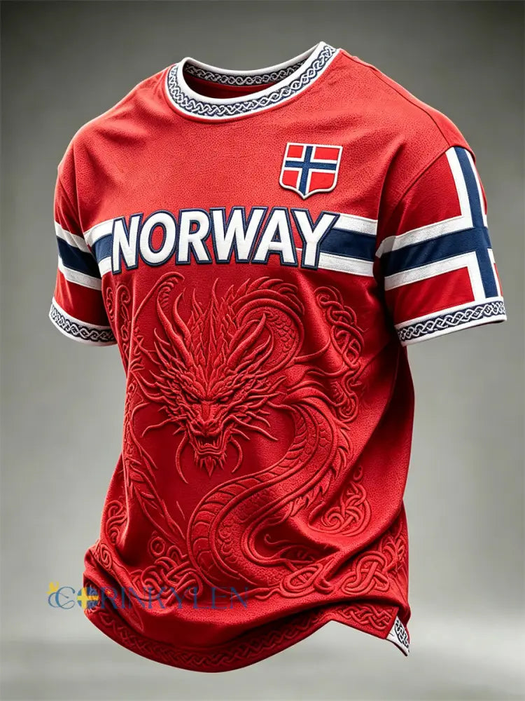 Mäns Norge Viking drake Celtic Knot Flag Skriv ut korta ärmar t-shirt - röd / S