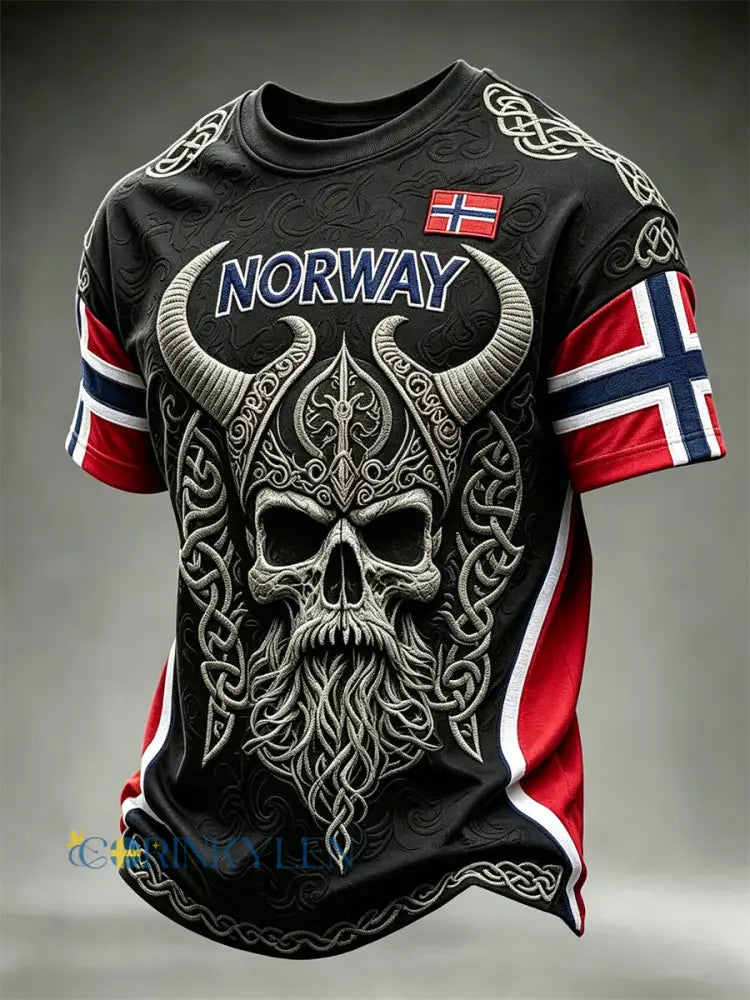 Mäns Norge Viking Krigare Skull Celtic Knop Flag Skriv ut korta ärmar t-shirt - svart / S