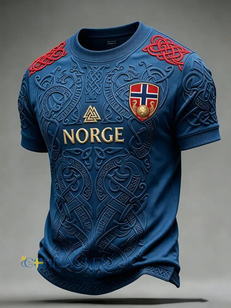 Mäns norska fotboll Inspirerad Viking Celtic Print Kort ärm T-shirt - blå / S