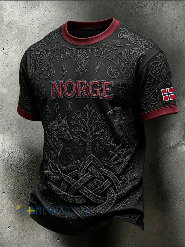 Mäns retro norska Viking djur mönster tryckt avslappnad korta ärmar T-shirt - svart / S