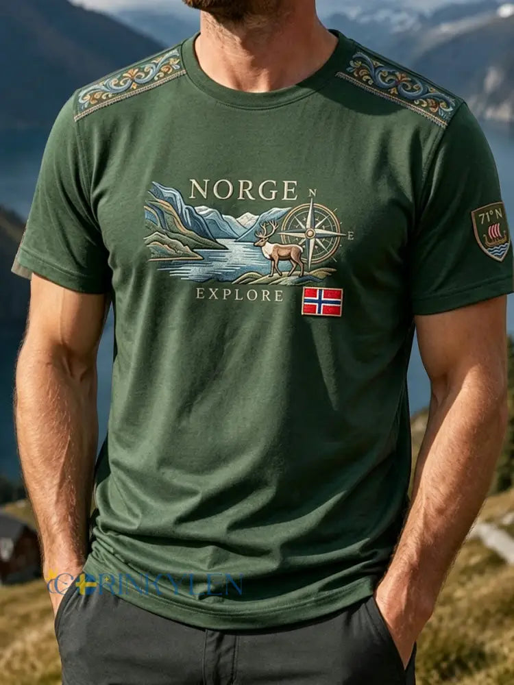 Mäns Retro Norwegian Mountain Djur Skriv ut utomhus Casual T-shirt - som bild / S