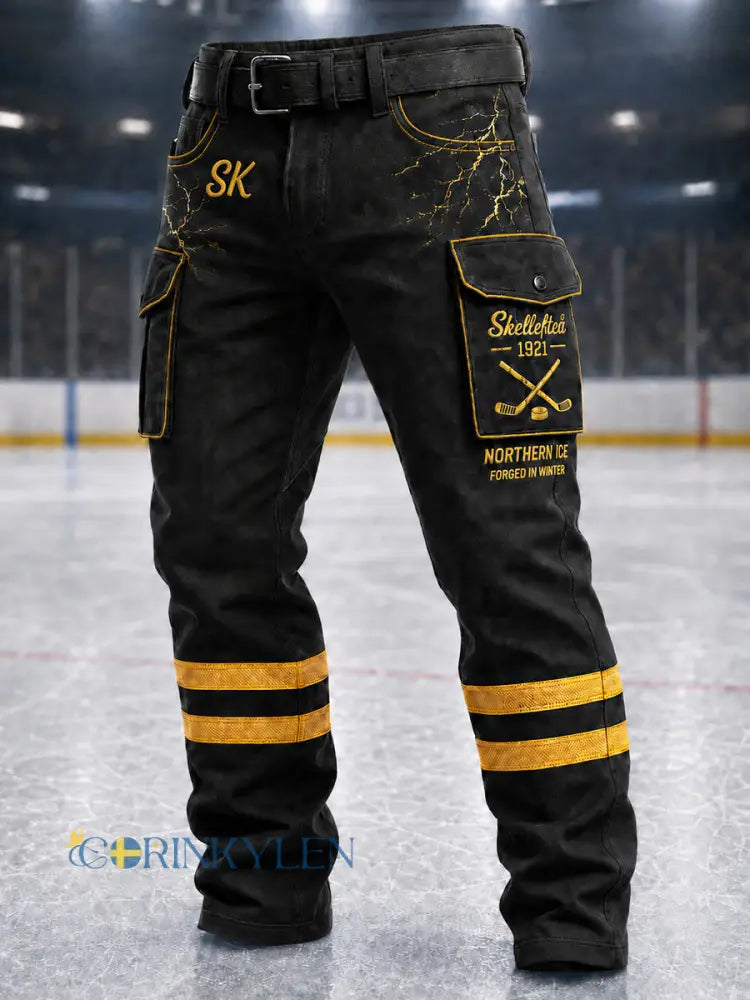 Mäns Retro Skellefteå AIK konst Skriv ut Casual Workitbyxor - svart- gul / S