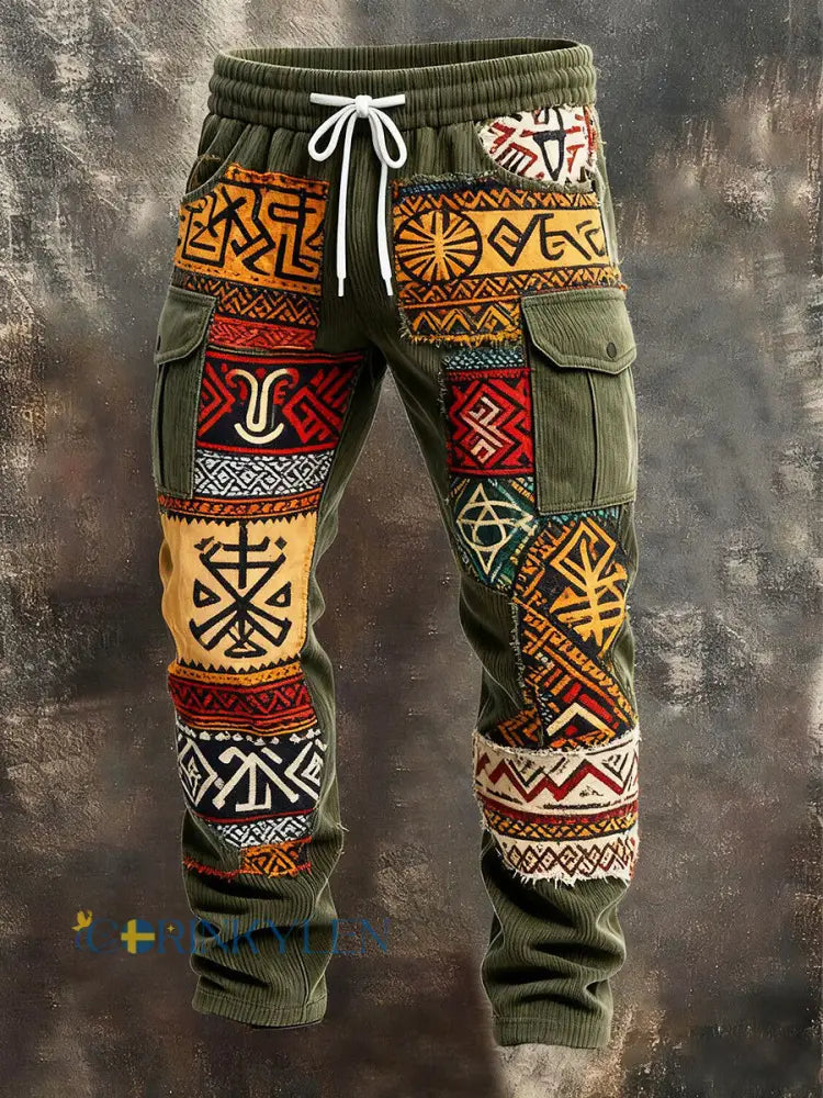 Mäns Retro Vacation Business Art Print Casual Workwear Byxor - armé gröna / S