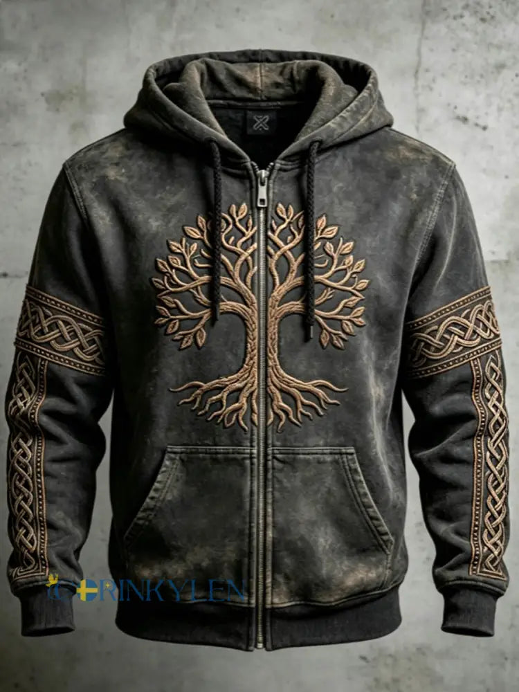 Mäns Retro Viking Valknut träd liv färgblock design konst zip-Up Hoodie - grå / S