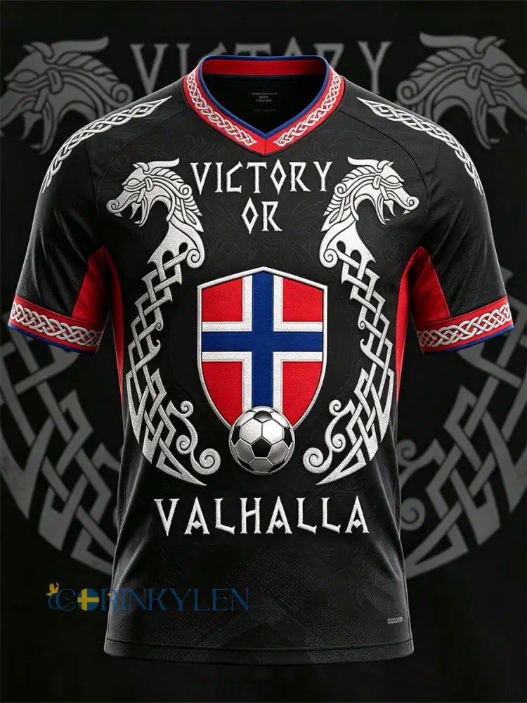 Mäns seger eller Valhalla Norge Fotboll Viking Print Jersey V-hals T-shirt - svart / S