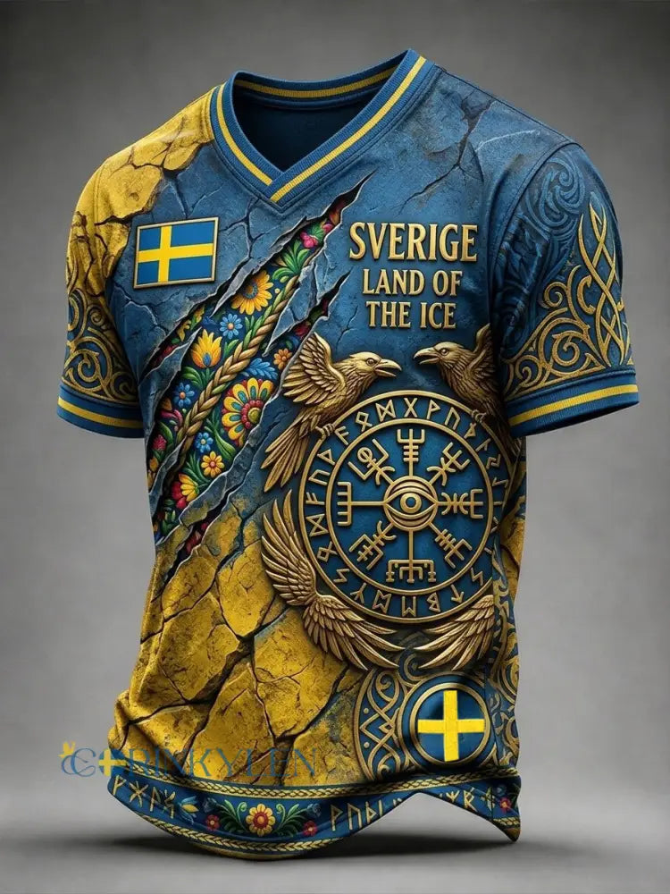 Mäns svensk fotboll älskare 2026 Tryck V-hals T-shirt - blå / S