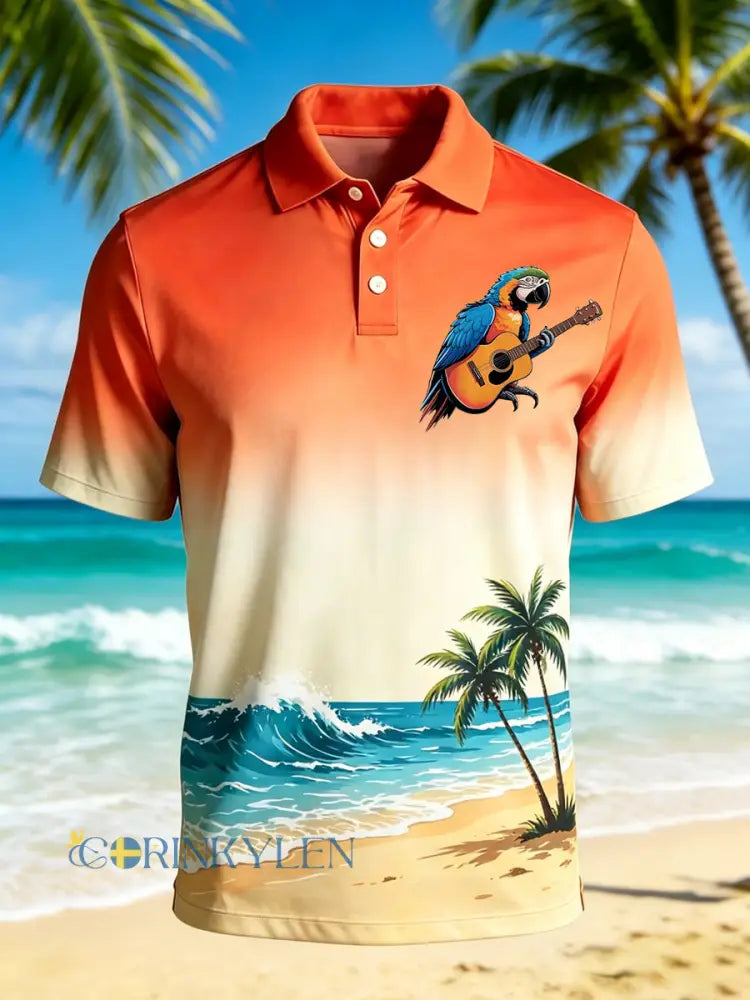 Mäns tropiska botaniska papegoja Print Casual Polo Print - oräng / S