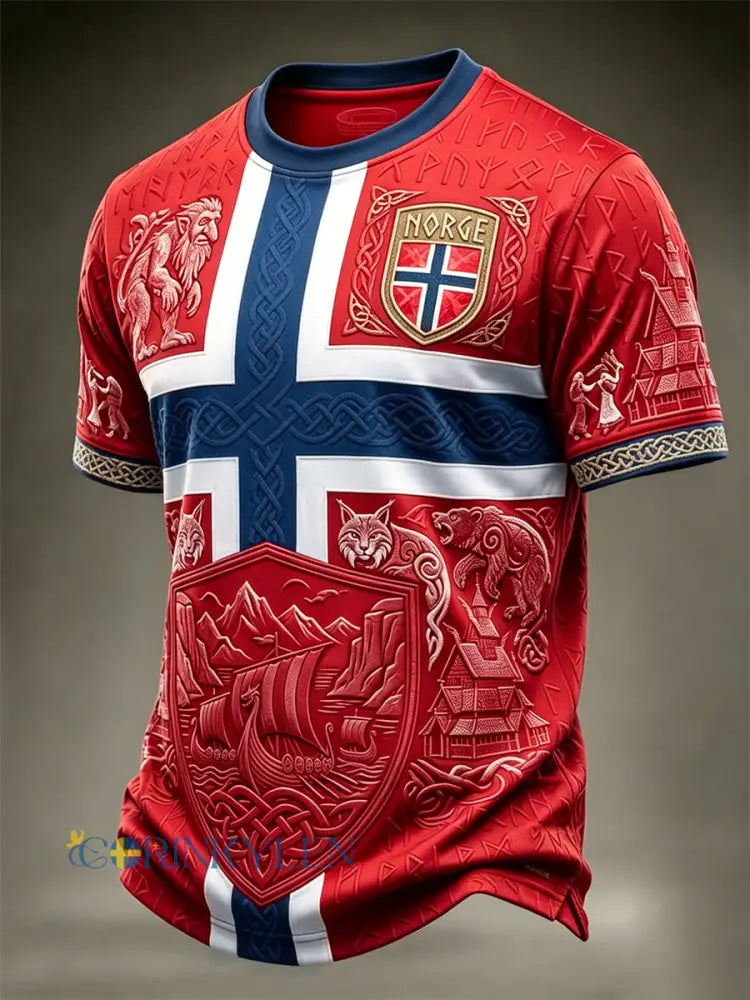 Mäns Viking Inspirerad konst Print Norge Fotboll fläkt korta ärmar T-shirt - röd / S