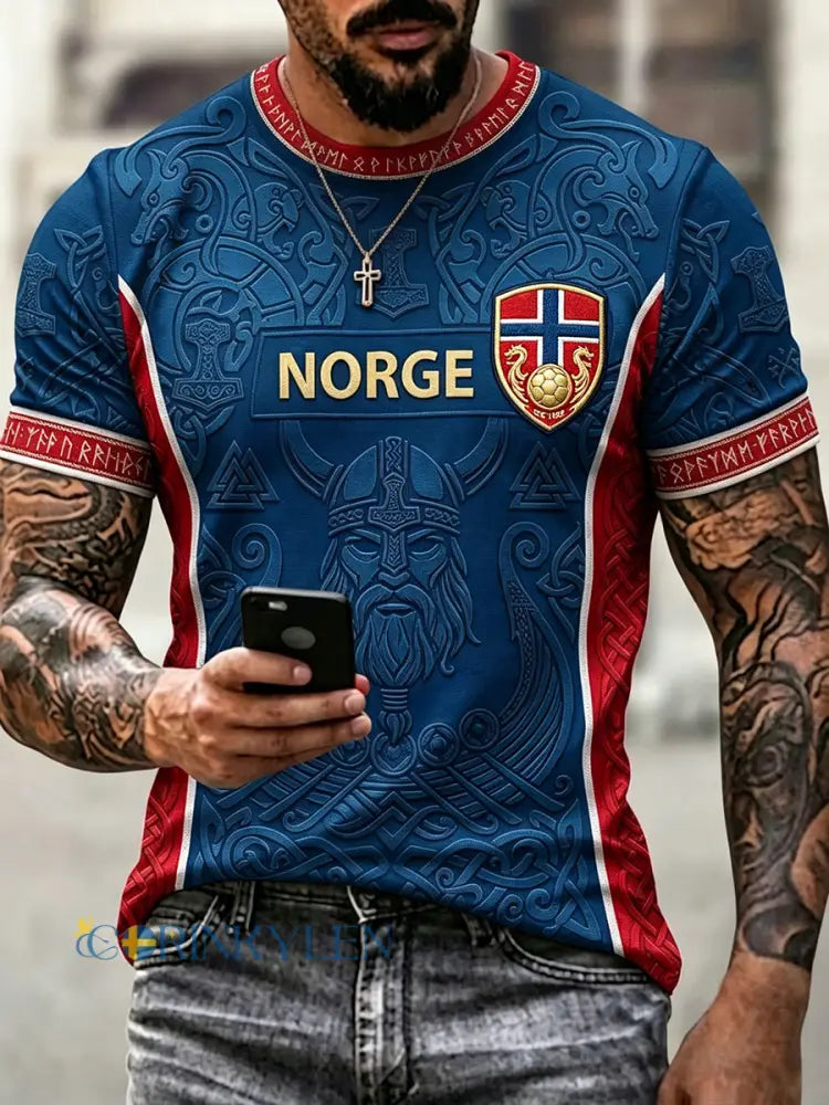 Mäns Viking Inspirerad konst Skriv ut Viking Inspirerad Skriv ut Korta ärmar T-shirt - blå / S