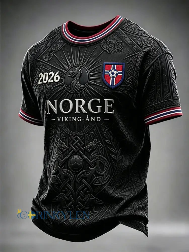 Mäns Viking Inspirerat mönster Skriv ut Norge fotbollsfläkt kortärmar T-shirt - svart / S