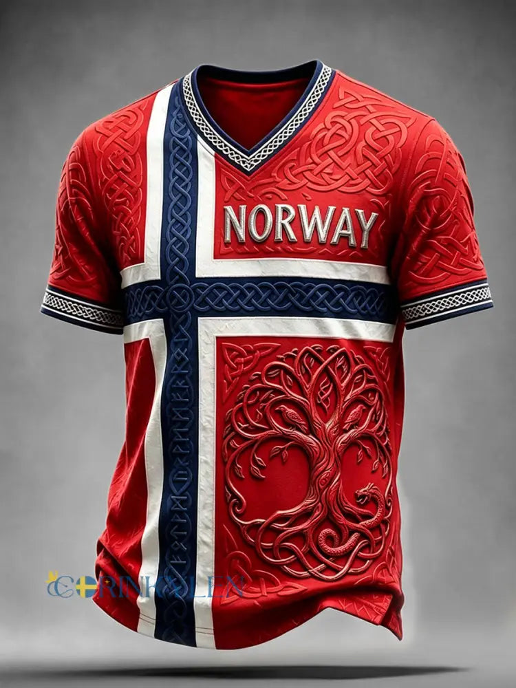 Mäns viking träd av livet Celtic Print V-hals T-shirt - röd / S