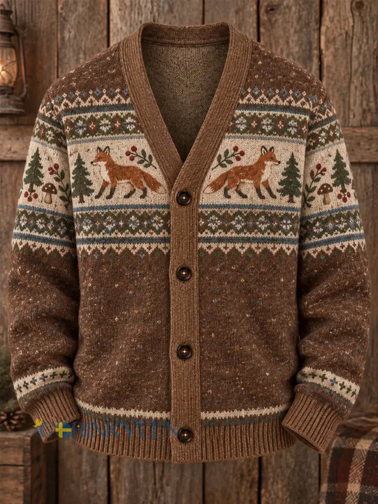 Mäns Vintage Fair Isle Fox Print Casual Cardigan Tröjar - som bild / S