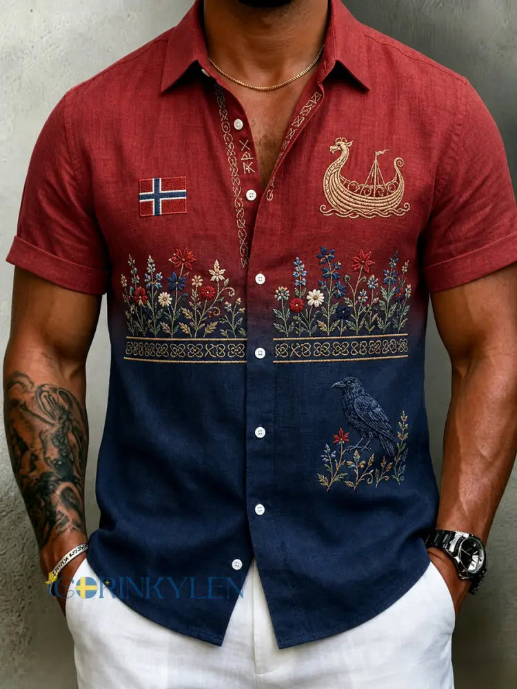 Mäns Vintage Scandinavian-stil bomull-Linen skjorta med norsk konst Print - A / S