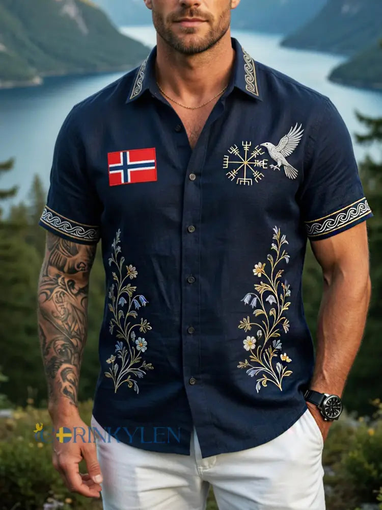 Mäns Vintage Scandinavian-stil bomull-Linen skjorta med norsk konst Print - A / S