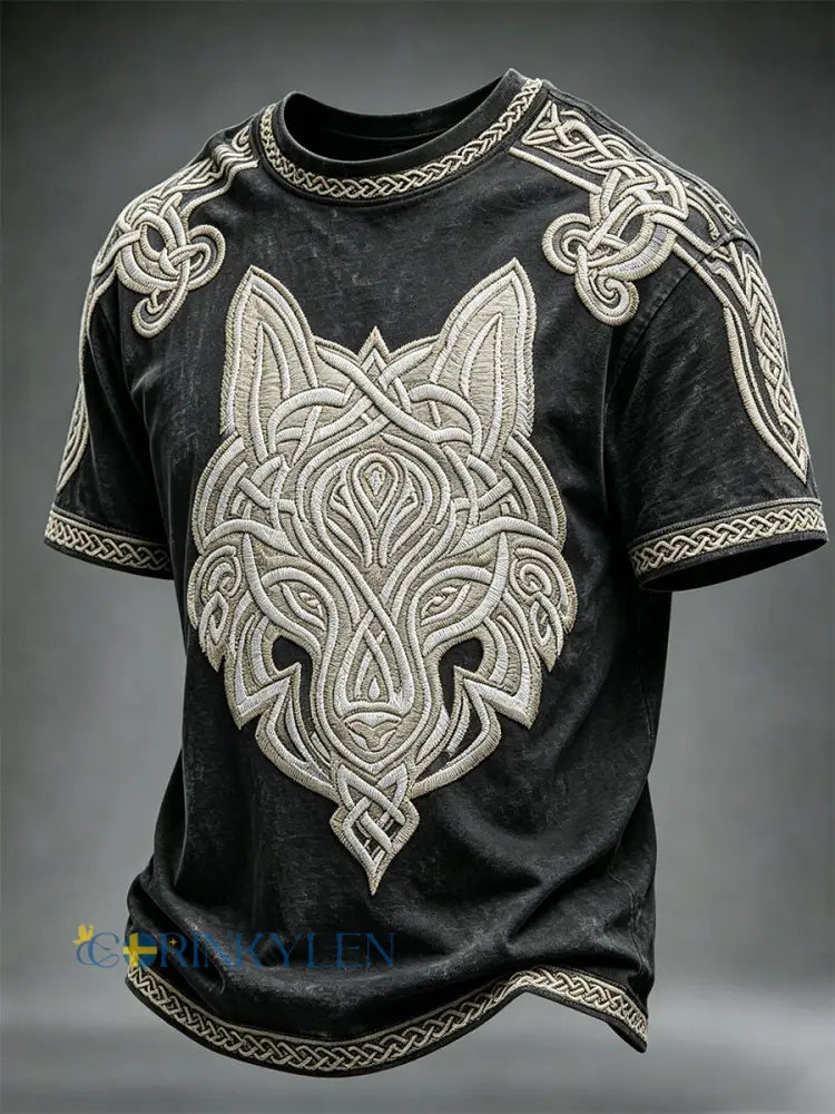 Mäns Vintage Viking Celtic Wolf mönster Skriv ut korta ärmar T-shirt - svart / S