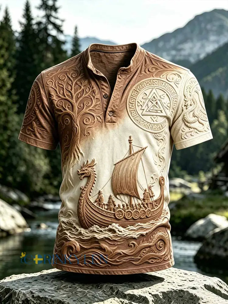 Mäns Vintage Viking Dragon Ship Skriv ut Casual T-shirt - som bild / S