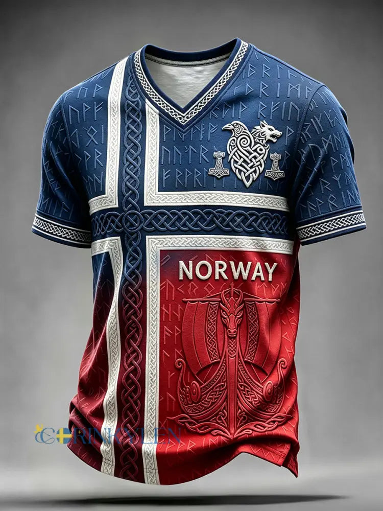Mäns Vintage Viking Inspired Celtic Norway Flag Print V-hals T-shirt - röd / S