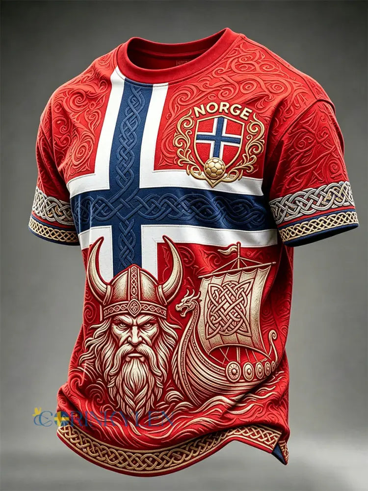 Mäns Vintage Viking Inspirerad Skriv Norge Fotboll fläkt korta ärmar T-shirt - röd / S