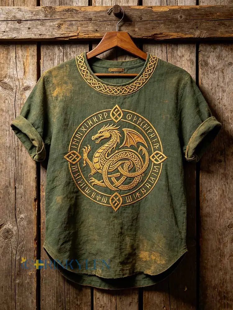 Mäns Vintage Viking keltisk knop drak mönster tryckt T-shirt - som bild / S