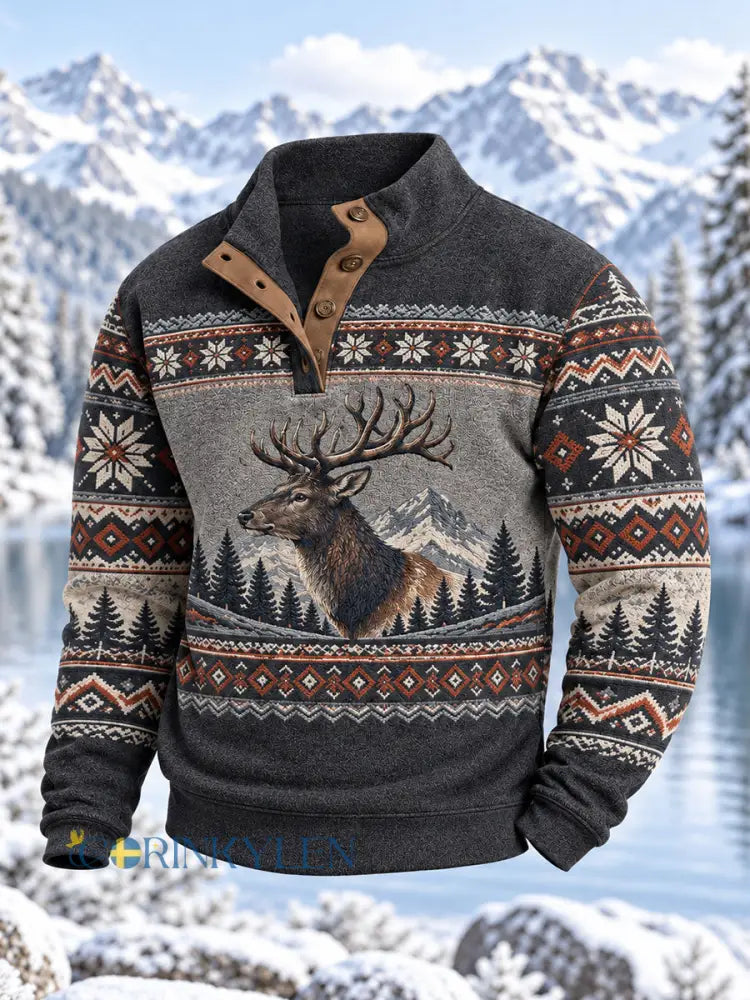 Mäns vinter hjort Print Casual blixtlås Pullovere - som bild / S