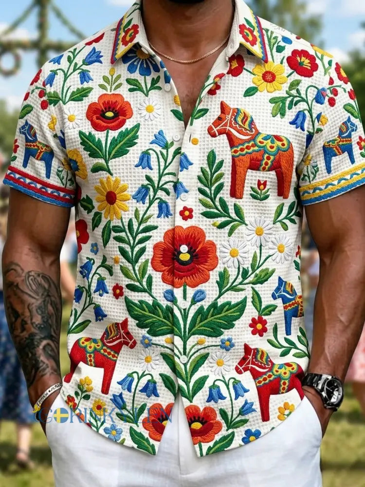 Mans retro svensk midsommar folkblommig våffeltröja - vitt / S