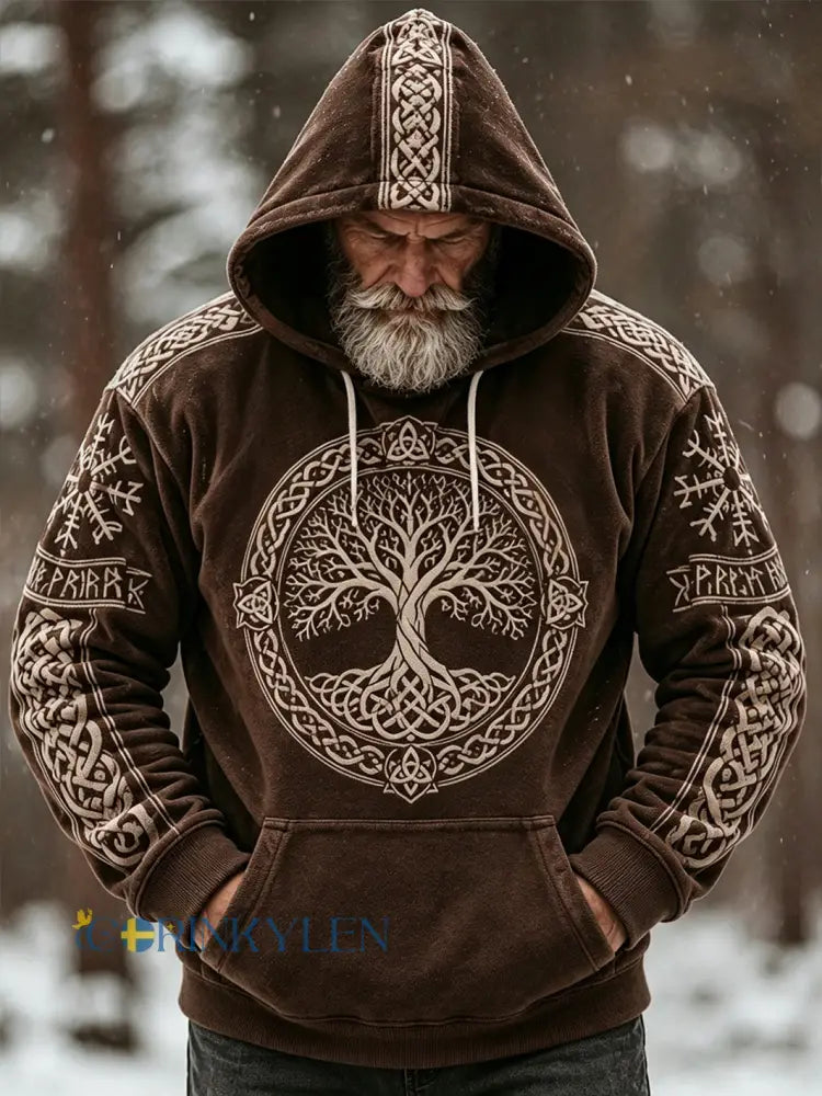 Mans retro vikingkeltiskt mönsterdesign avslappnad flanellhuvtröja - brun / S