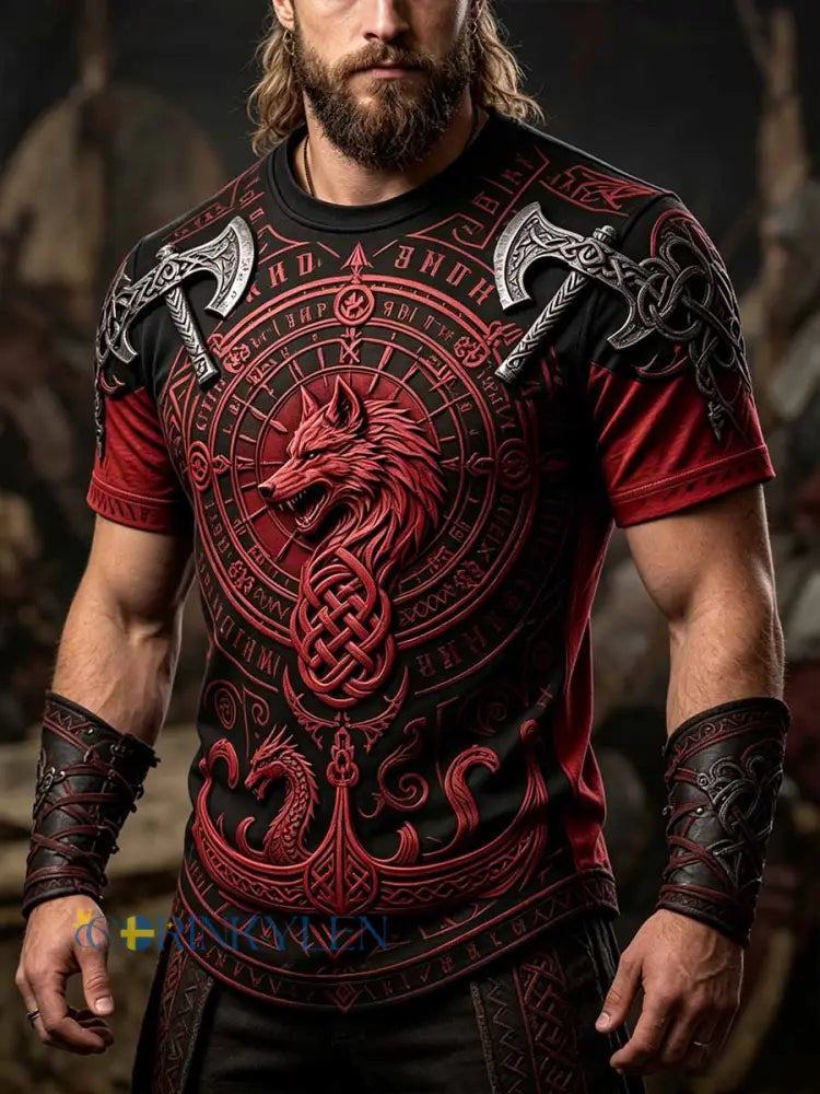 Mans retro vikingkrigarmönstrad ledig t-shirt - som bild / S