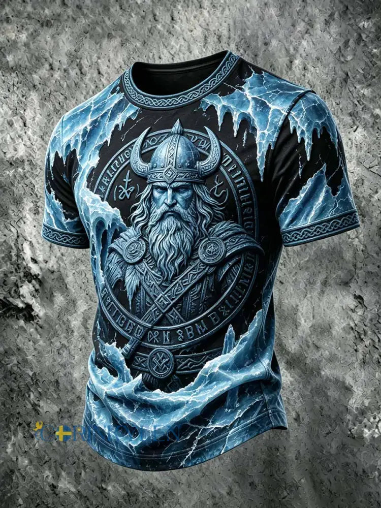 Mans retro vikingkrigarmönstrad ledig t-shirt - som bild / S