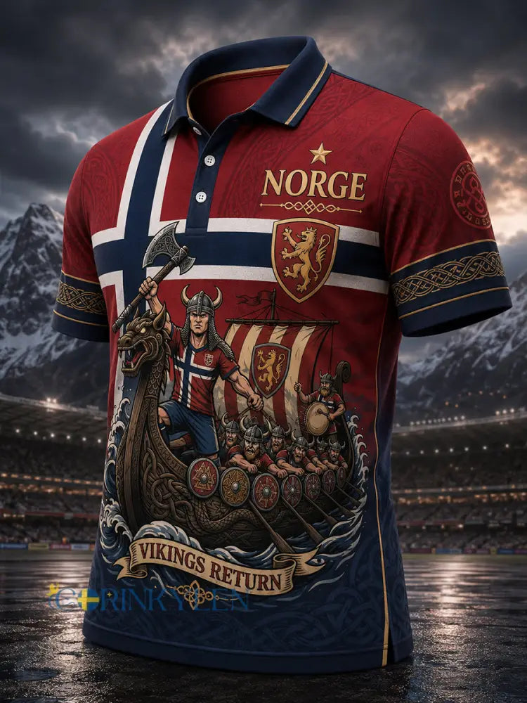 Mansligt norsk vikingtematiskt patriotiskt konsttryckt polotröja - A / S