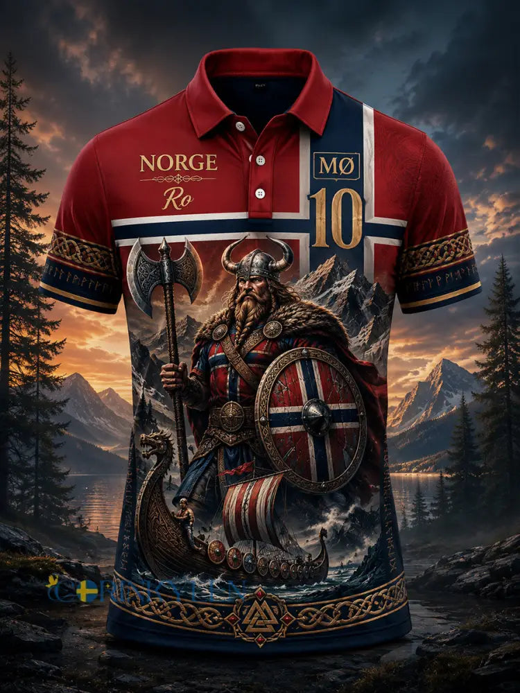 Mansligt norsk vikingtematiskt patriotiskt konsttryckt polotröja - A / S