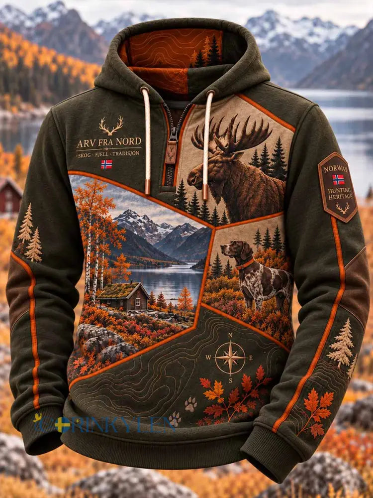 Mansloppa sweatshirt med vintagejaktmönster - som bild / S