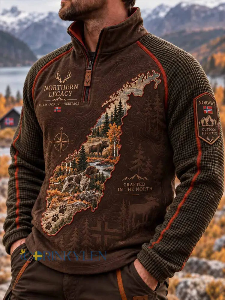 Mansloppa sweatshirt med vintagejaktmönster - som bild / S