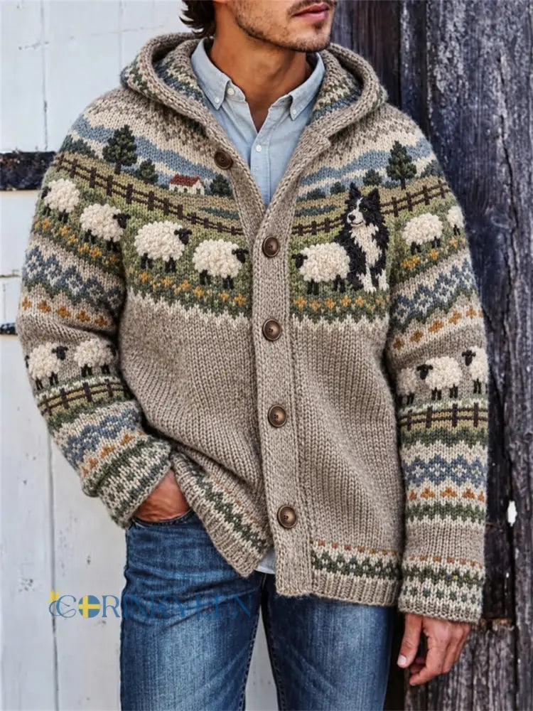 Mansvintage landskapsmönstrad mysig huvtröja med tryck av border collie och får - Khaki / S