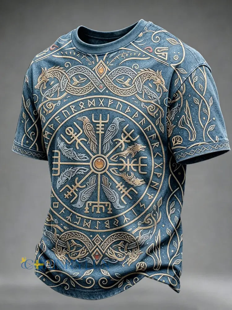 Mansvintage t-shirt med vikingakompassmönster och korta ärmar - blå / S