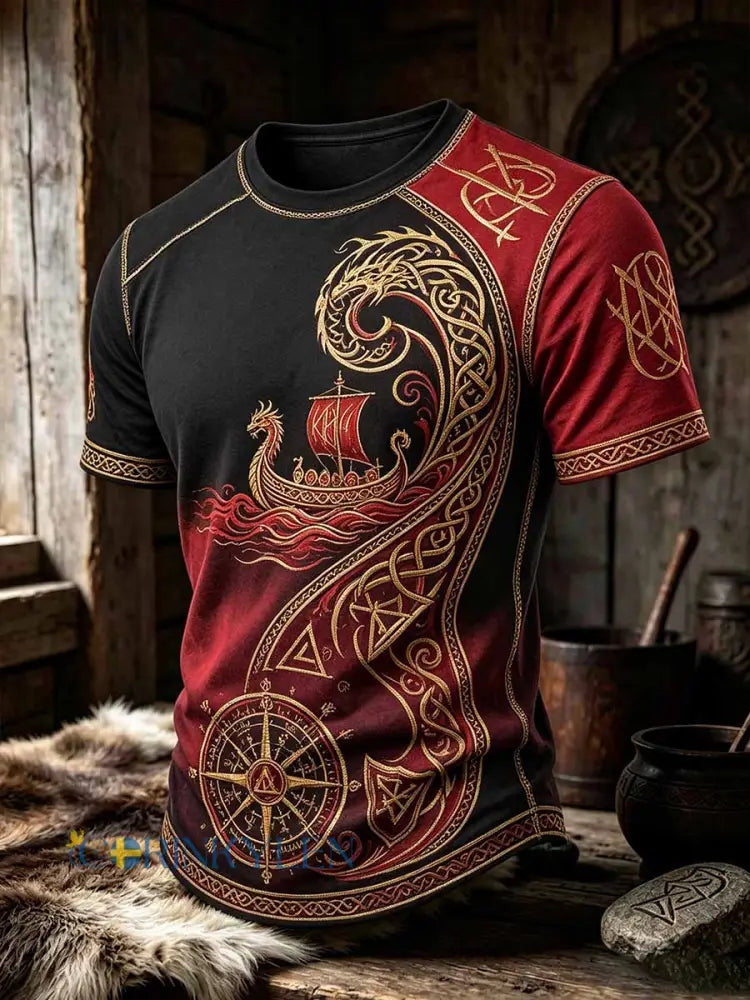 Mansvintage-T-shirt med vikingamönster - som bild / S
