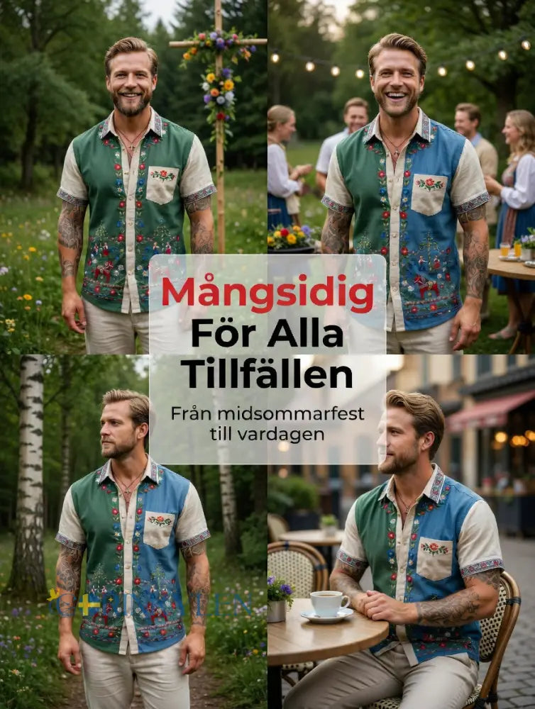 Menns retro svenske midsommer-folket blomster av bomulls-Linen kortærme skjorter