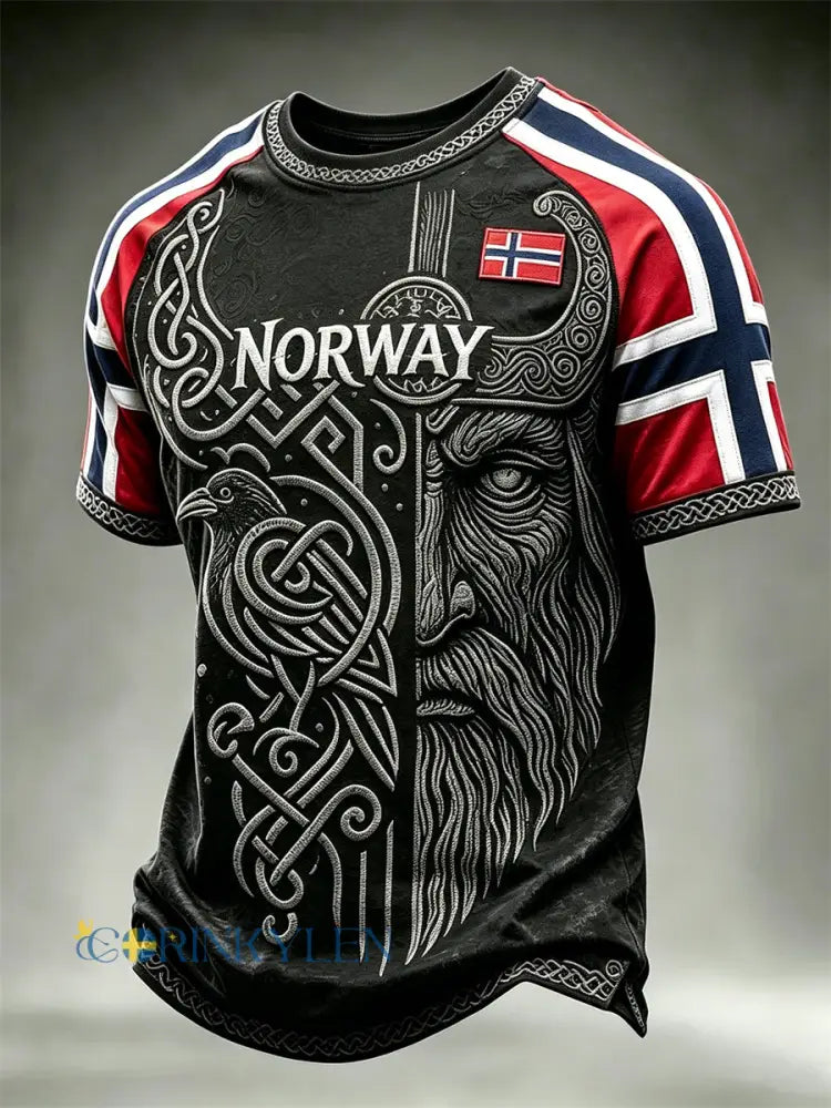 Men’s Norway Viking Warrior & Raven Celtic Knot Flag Skriv ut korta ärmar t-shirt - svart / S