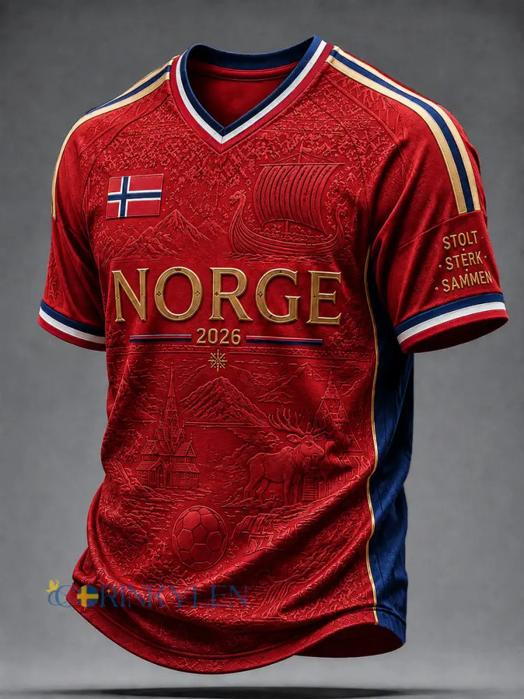 Norge 2026 Klassisk avslappnad T-shirt med V-ringning - som bild / S