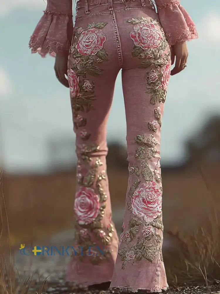Retro blommig konsttryck semesterjeans - A / S