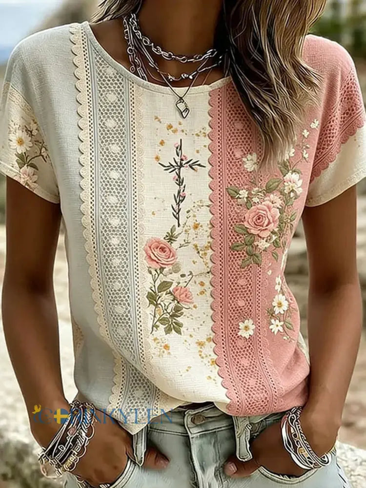 Retro blomsterkonst Skriv ut Casual bomull-Linen T-shirt - A / S