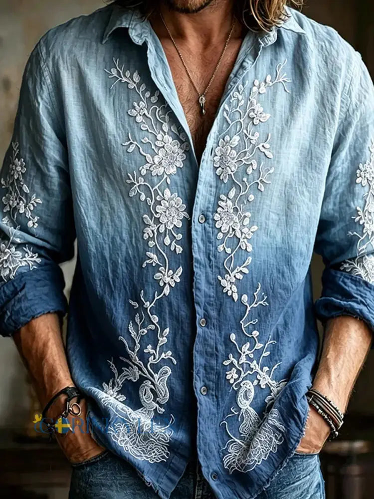 Retro Broderad konst utskrift Casual bomull-Linen skjorta - A / S