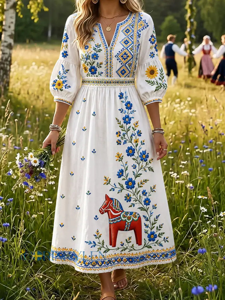 Retro midsommarfestival konsttryck avslappnad klänning - A / S