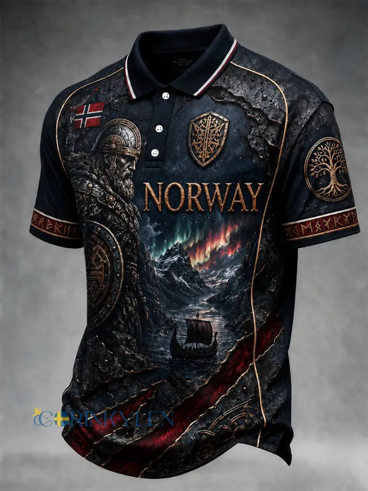 Retro nordiskt polotröja i vikingastil med grafisk design avslappnad stil - A / S