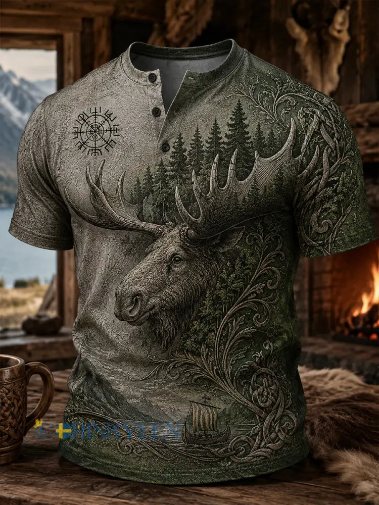 Retro norsk viking nordisk stil konsttryck avslappnad Henley-tröja - A / S