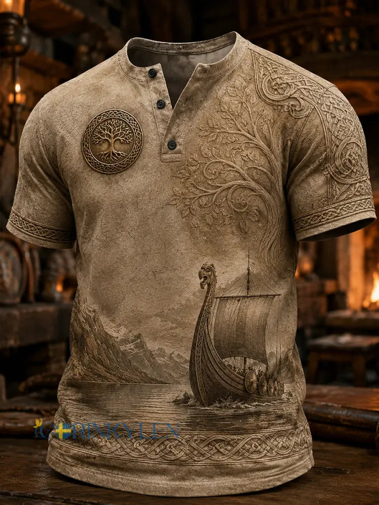 Retro norsk viking nordisk stil konsttryck avslappnad Henley-tröja - A / S