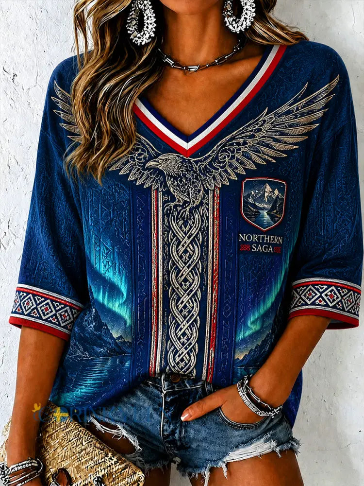 Retro norsk viking skandinavisk folkkonsttryck avslappnad topp - A / S