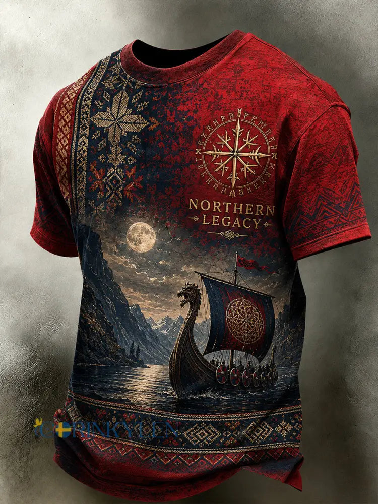 Retro norsk vikingnordisk stil konsttryck avslappnad t-shirt - A / S