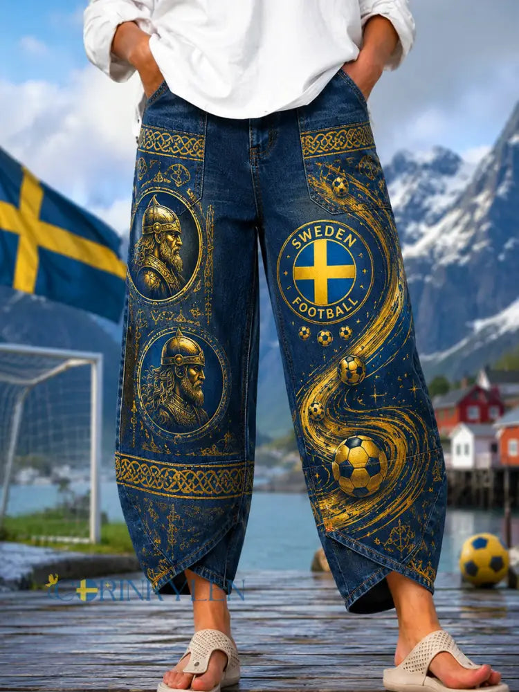 Retro svensk fotbollsfan konsttryck avslappnade jeans - A / S