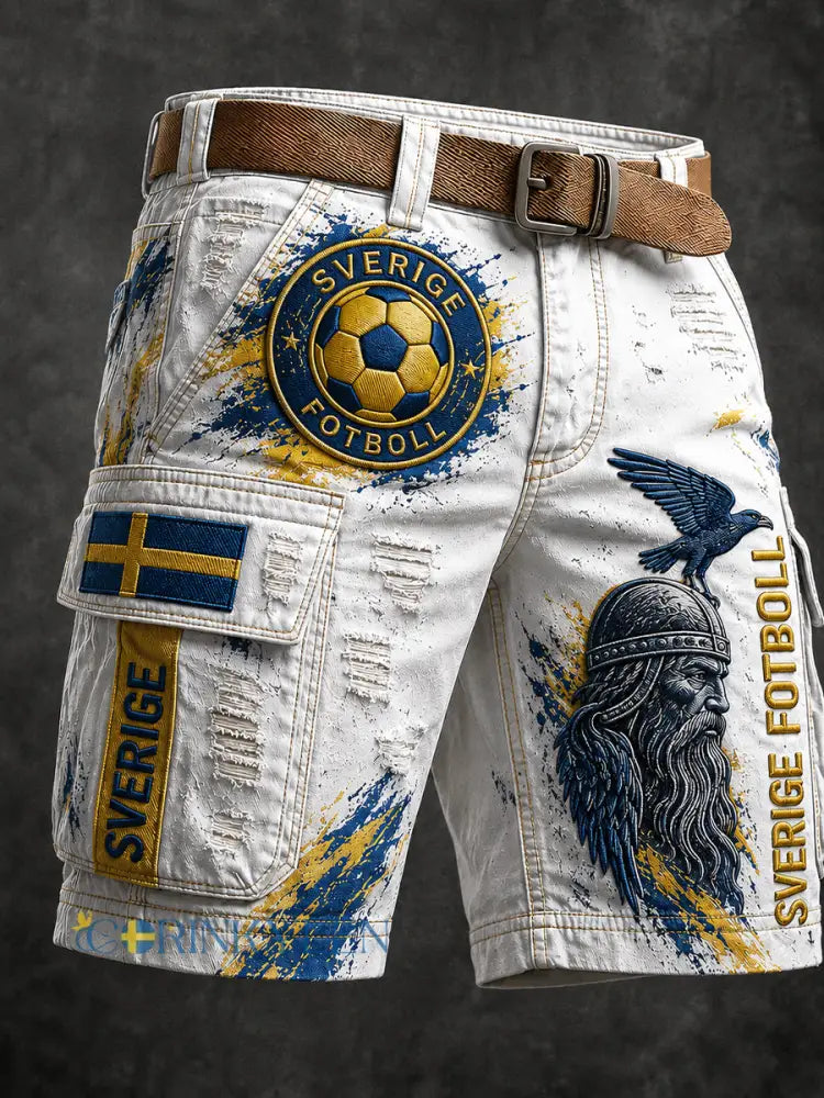 Retro svensk fotbollsfan-konsttryck avslappnade shorts - A / M