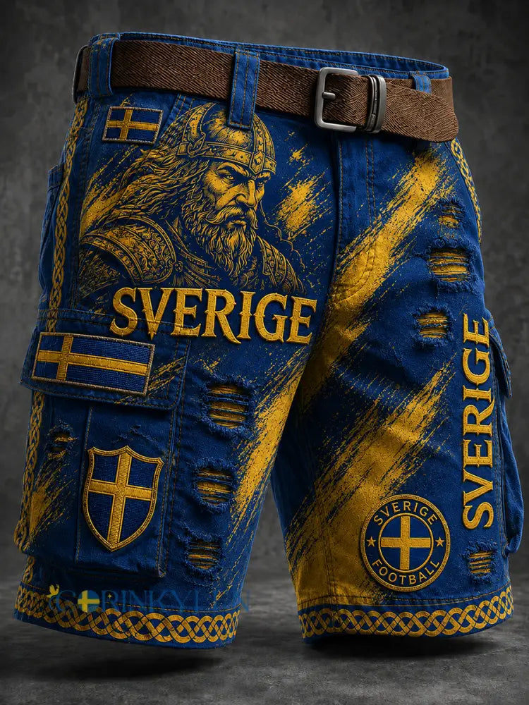 Retro svensk fotbollsfan-konsttryck avslappnade shorts - A / M
